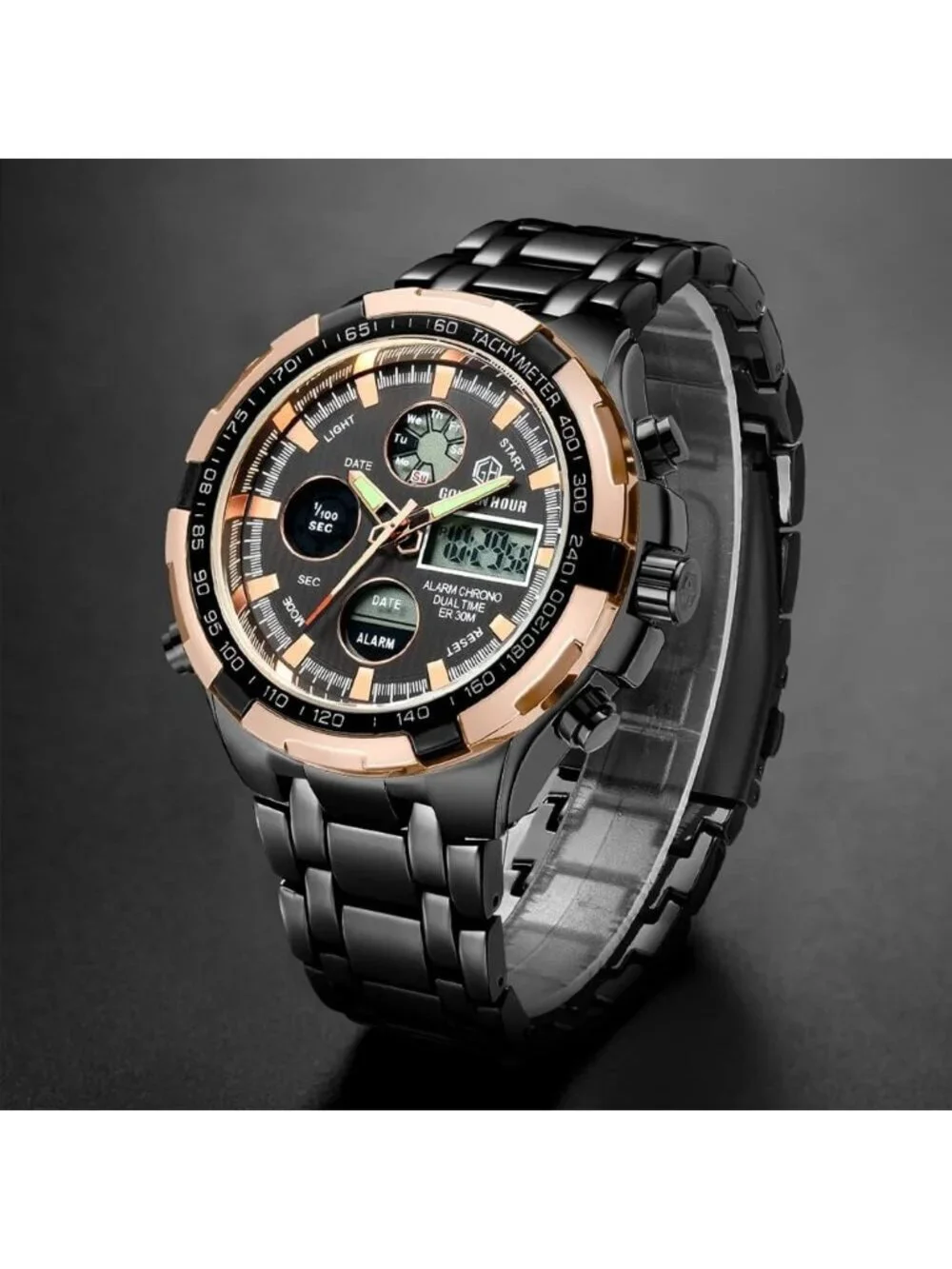 Men's Rose Gold Black Stainless Analog Digital Outdoor Waterproof Luxury Watch
